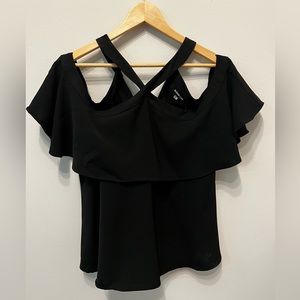 Boutique black shoulder less blouse with ruffles in size M